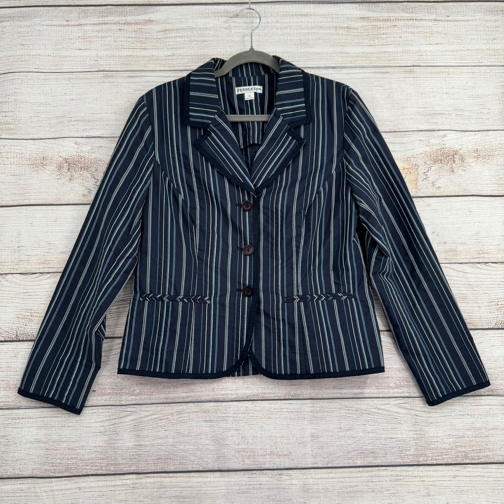 Pendleton Blazer Women Medium Navy Blue Striped 3-Button TF570-67018